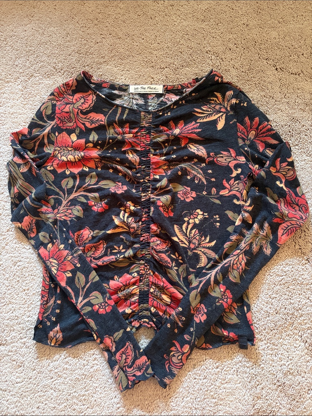 Free People Black Floral Ruched Long Sleeve Top with Red and Olive Accents